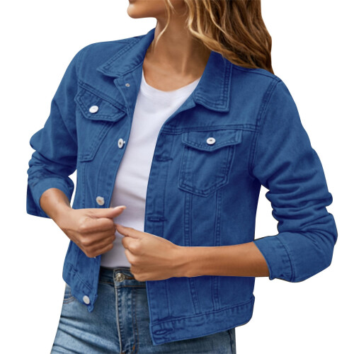 Women's Basic Solid Color Button Denim Jacket With Pockets Jean Coat