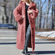 Women's Ankle-Length Chunky Knit Cardigan, Open Front Maxi Sweater Coat, Long Sleeve, Fall/Winter, Pink, Plus Size5XL
