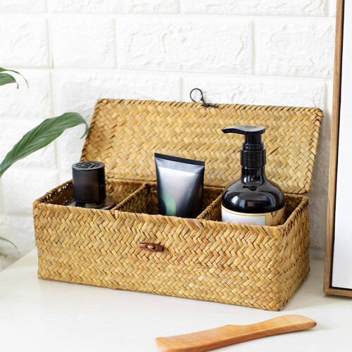 Handwoven Wicker Shelf Baskets with Lid, 12.6"x4.72", 3-Section Rectangular Storage Organizer – Compatible with Standard Shelves 1