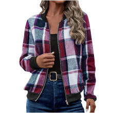 Giacca da donna 2025, giacca a quadri in flanella casual con zip, maniche lunghe, cappotto ampio, abbigliamento autunnale, viola, M
