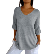 Graue Business-Casual-Blusen für Damen, 3/4-Ärmel-Baumwolltops, locker gestrickte Blusen mit V-Ausschnitt – passend zur Sommergarderobe 2024