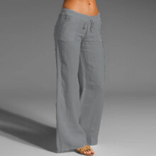 Damen Freizeithose, einfarbig, aus Baumwoll-Leinen-Mischgewebe, elastischer Bund mit Kordelzug, lange, weite Hose, Grau, XXL