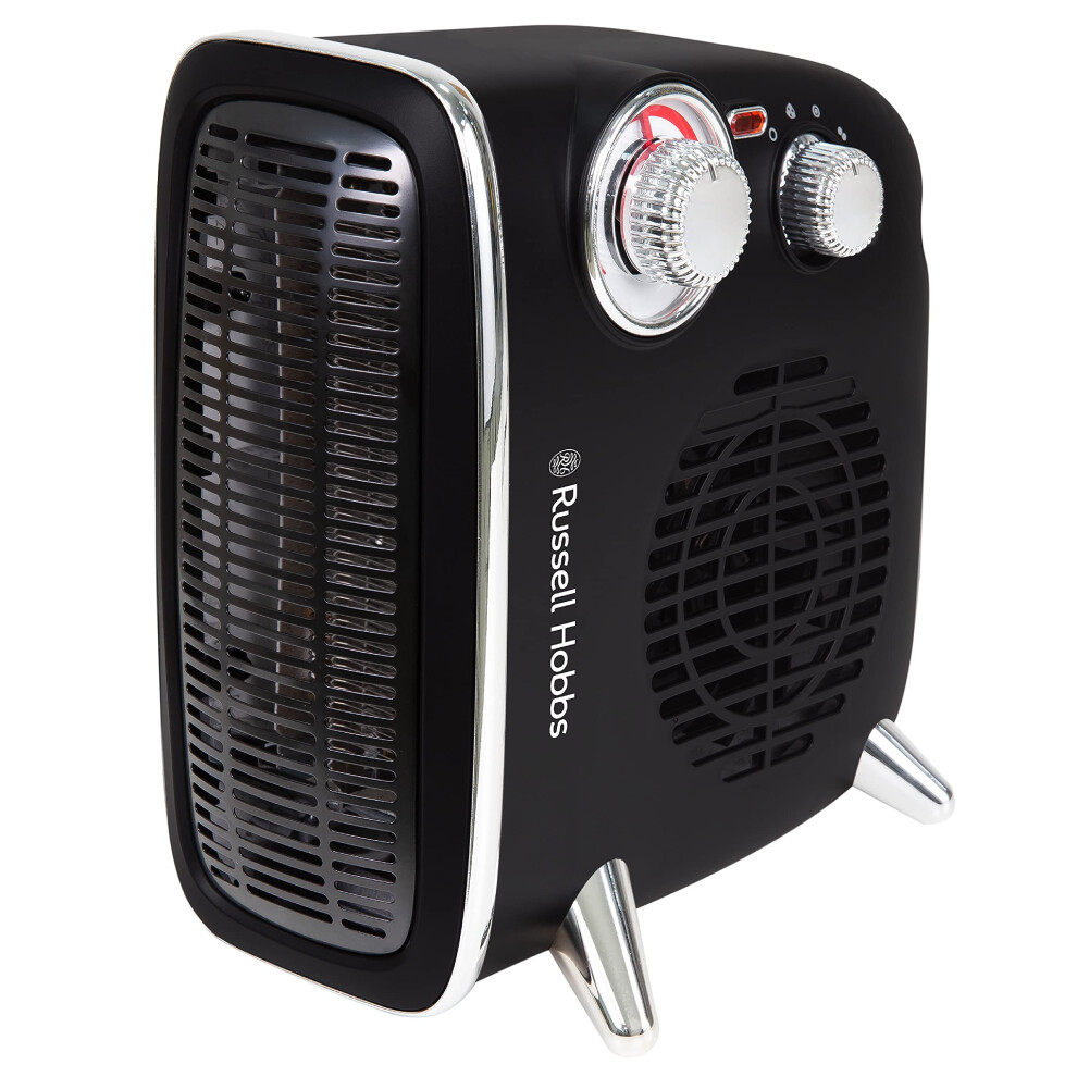 Russell Hobbs 1800W/1.8Kw Vertical/Horizontal Retro Fan Heater With Variable Temperature Thermostat In 2 Heat Settings, Overheat Protection, Black