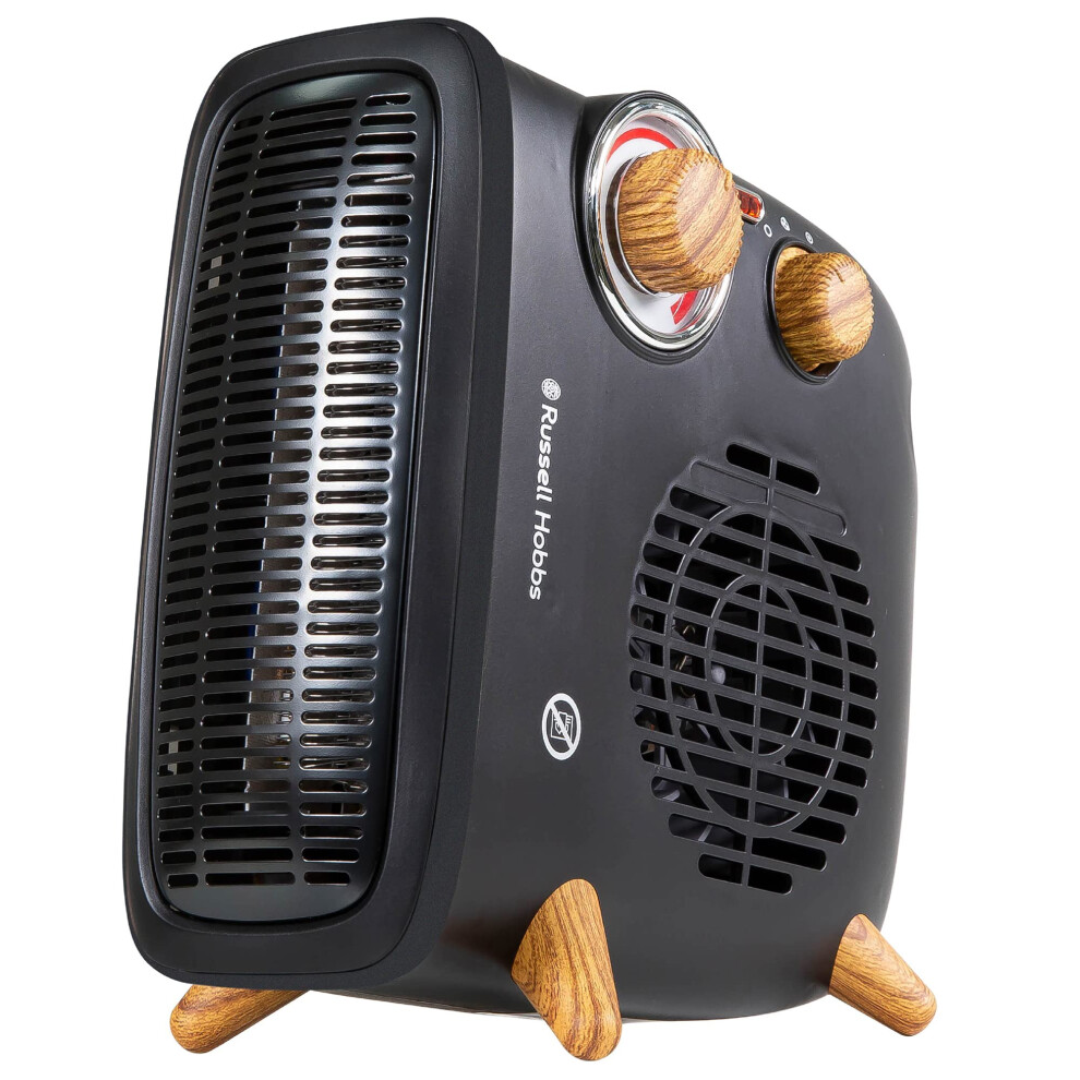 Russell Hobbs 1800W/1.8Kw Electric Heater, Retro Horizontal/Vertical Fan Heater Scandi Wood Effect In With Adjustable Thermostat, 2 Heat Black