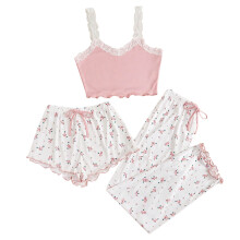 Dames 3-delige satijnen pyjamaset met hartjesprint: cami-top, short en broek. Pyjamaset voor thuis, maat S-XL.