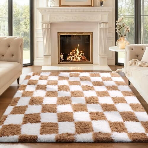 Beige and White Checkered Shag Rug 4 ft x 6 ft