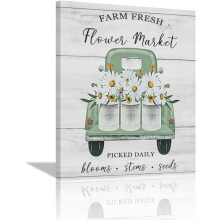 Farmhouse Daisy Truck Wall Art – Rustic Floral Canvas Print, 12"x16", Compatible with Country & Farm Decor