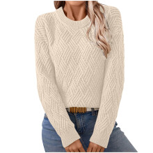 Women's Beige Ribbed-Cuff Round-Neck Sweater S