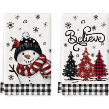 Torchons de cuisine de Noël noirs et rouges, motif sapin et bonhomme de neige, 45,7 x 66 cm, lot de 2 serviettes décoratives hivernales avec