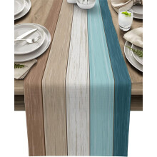 Chemin de table en coton et lin bleu sarcelle et marron, 33 x 183 cm, décoration bord de mer et campagne, intérieur/extérieur, texture bois de