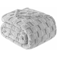 Queen Size Flannel Fleece Blanket, Super Soft and Warm Lightweight Checkered Pattern Blankets for All Seasons, 90x90 Inches, Light Grey