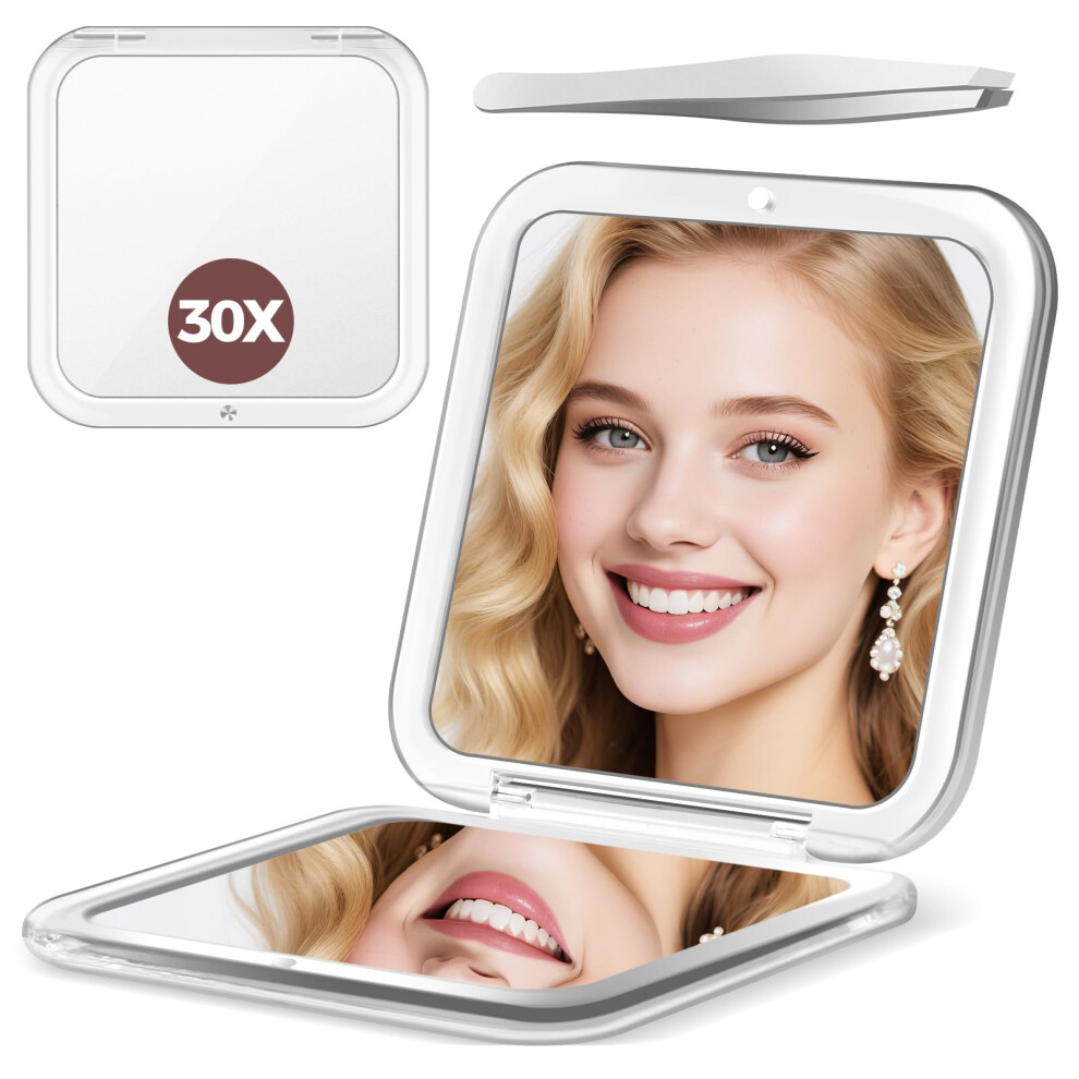 Momokuba White Compact Mirror, 30X Magnifying Mirror For Purses, Small Makeup Mirror With 1X/30X Magnification, Portable Travel Mirror For Women,