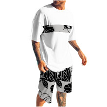 Conjunto de shorts masculino, 2 peças, gola redonda, estampa, esportivo, slim, cintura elástica, blusa de manga curta com gola redonda.