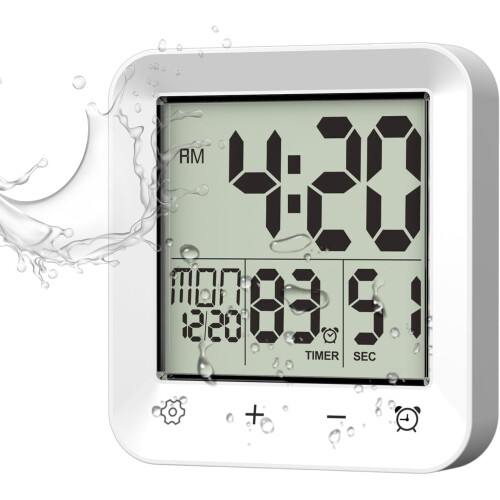 Relógio de chuveiro à prova d'água com temporizador e visor LCD.