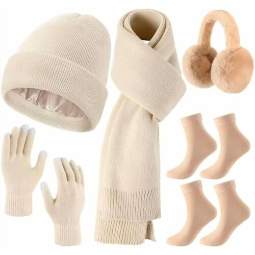 Conjunto de tricô feminino de inverno com 6 peças: gorro, cachecol e luvas.