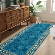 Washable 2'x6' Teal Runner Rug – Vintage Abstract, Non-Slip, Stain Resistant, Low Pile, for Entryway, Bathroom, Kitchen, Bedroom, Hallway