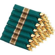 Gold Plastic Silverware Set with Green Napkins, Disposable & Pre-Rolled, Compatible with Christmas Events, Serves 30