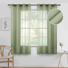 Sage Green Semi-Sheer Grommet Curtains, Linen-Textured Voile Drapes (54x63"), for Bedroom & Living Room