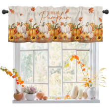 Herfstgordijn met pompoenen, esdoornbladeren en zonnebloemen voor Thanksgiving, vintage houtnerf met tunnelzoom, 137 x 46 cm, 1 paneel,