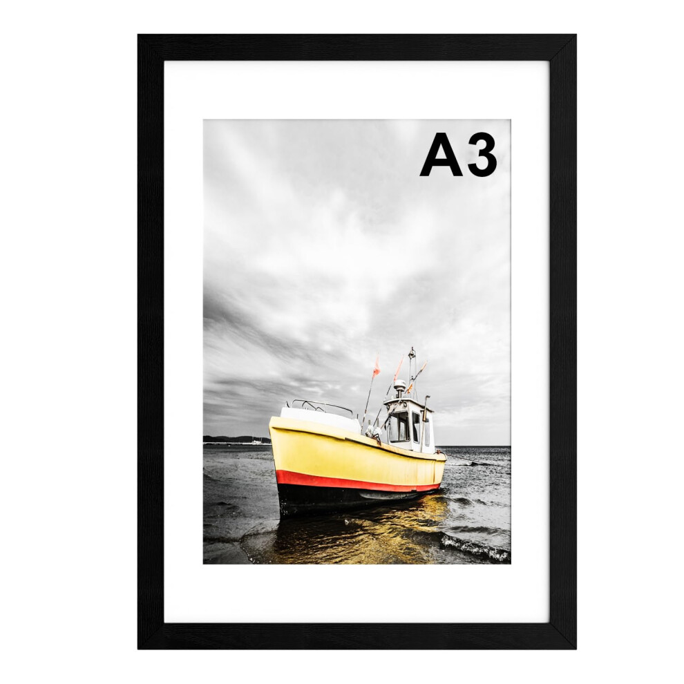 Hiyzaun A3 Picture Frame With Mount, Black Photo Frame With Wooden Grain, A3 Poster Frames (29.7X42cm), Wall Mounted