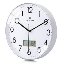 Lafocuse 12 Inch Silent Silver Wall Clock with Date and Day, Temperature, Day of Week, Kitchen Wall Clocks for Living Room Modern, LCD Digital Wall