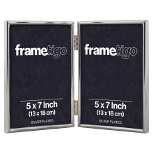 Frametigo - Silver Plated Thin Edge Double Photo Frame, 5"x7" (13x18cm) Photo Size - Portrait Orientation - Modern & Sleek Design - Traditional Silver