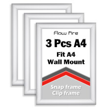 Flow fire A4 Silver Snap Frame, Wall Mount A4 Size Clip Frames Pack of 3, 25mm Aluminium Front Opening Snap Frame for Poster Picture and Certificate