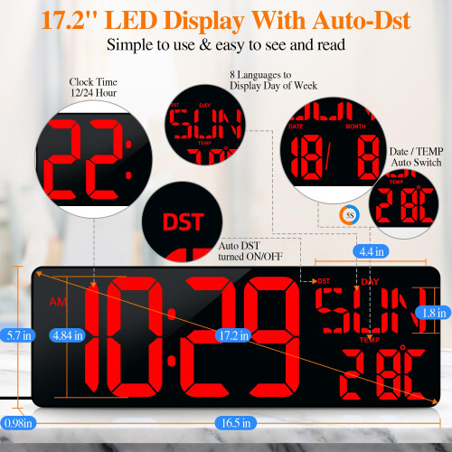 Large Digital Wall Clock with Remote Control 17.2" LED Large Display Timer with Temperature Date Week Auto DST Adjustable Brightness, Big Wall Alarm 2