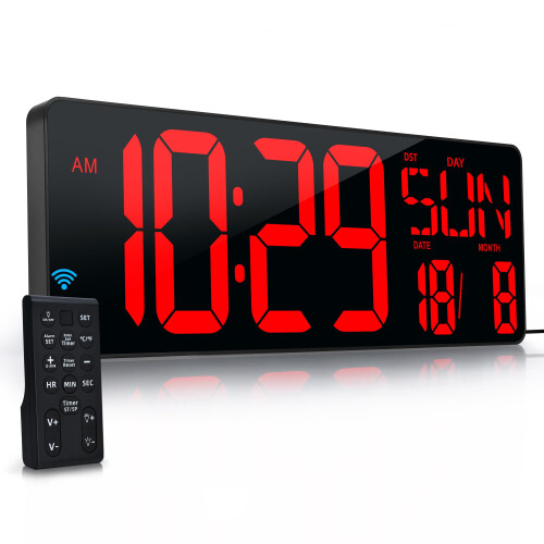 Large Digital Wall Clock with Remote Control 17.2" LED Large Display Timer with Temperature Date Week Auto DST Adjustable Brightness, Big Wall Alarm