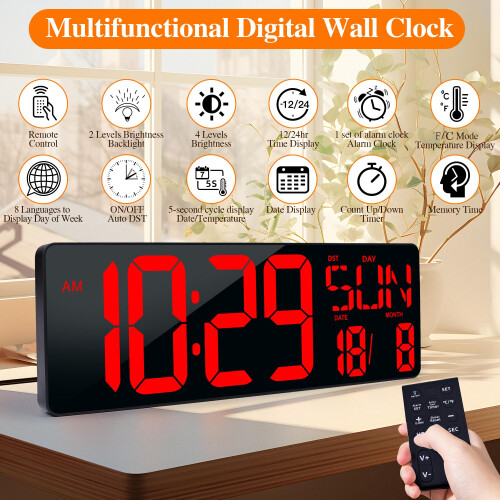 Large Digital Wall Clock with Remote Control 17.2" LED Large Display Timer with Temperature Date Week Auto DST Adjustable Brightness, Big Wall Alarm 1