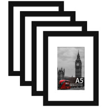 Tinkeps 4 Pack A5 Black Picture Frame, Engineered Wood and Plexiglass, A5 Frame with Mount for 4x6 inch Prints, Photos, and Posters, Tabletop and Wall