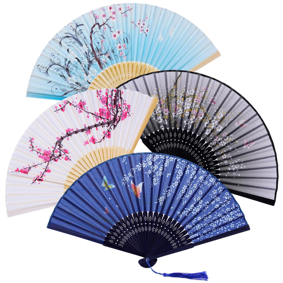 Leikedun 4 Pack Silk Fabric Hand Fans, Chinese Fan, Hollow Carved Bamboo Folding Hand Fan Handheld Fan For Wedding, Gifts, Performance, Dancing, Home