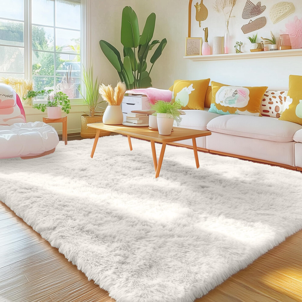 Fluffy Shaggy Rugs Living Room, Large Anti Slip Carpet, Machine Washable Soft Thick Pile Bedside Rug For Kids Bedroom, Nursery - Creme, 120 X Homaxy