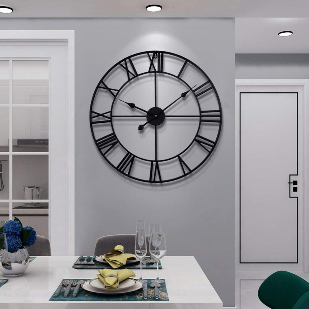 Haitang Vintage Large Wall Clocks,Silent Non Ticking,Battery Operated,60Cm /24" Round, Decorative Modern Roman Numerals Clocks For Living Black 5051223054382