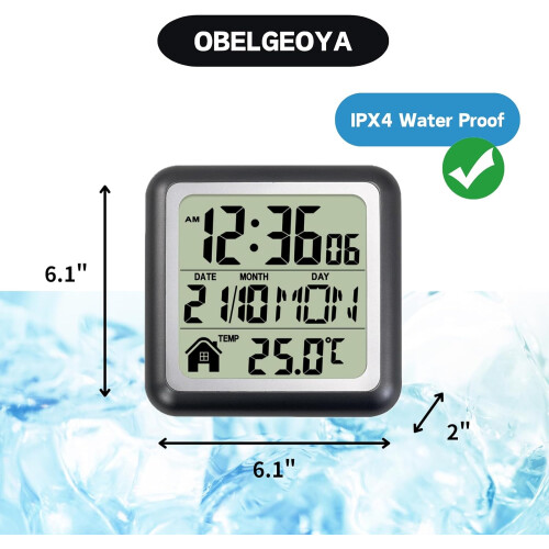 Waterproof Shower Clock with Time and Temperature Display, Digital Bathroom Wall Clock with Suction Cup, Black 2