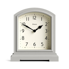 Jones Clocks? Tavern mantel clock | Modern arch top design | Pale grey | Contemporary classic style for desk, table, shelf or bedside
