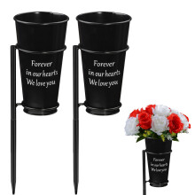 Metal Cemetery Vase, Memorial Headstone Vase with Ground Spikes for Artificial Flowers, Flowers Holder for Cemetery Grave (Black-2PCS), Flowers is not