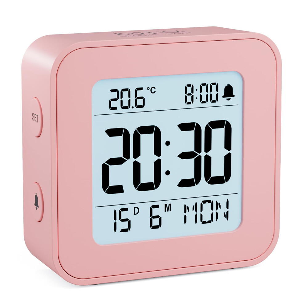 Latec Alarm Clock Bedside Battery Powered Lcd Digital Clock With Date & Day, Snooze, Temperature, 12/24H, Backlight, 3 Volumes, Silent Travel Small