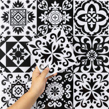 Hode Kitchen Bathroom Tile Stickers Stick on Tiles, Sticky Back Peel and Stick Self Adhesive Wall, Vinyl Waterproof Black and White Moroccan, 24pcs