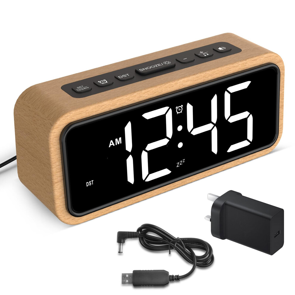 Loud Alarm Clocks Bedside, Wooden Alarm Clock With 12 Alarm Sounds, 5 Volumes, 5 Brightness, Led Display, Snooze, Manual Dst, Loud Alarm Clocks For Netzu