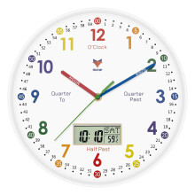 Foxtop Kids Learning Wall Clock Silent Analogue 12 Inch Teaching Clock for Classrooms Children's Room Clocks with Time Week Temperture LCD Display