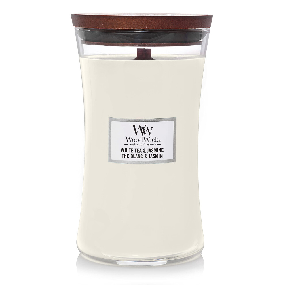Woodwick Large Hourglass Scented Candle | Tea & Jasmine | With Crackling Wick | Burn Time: Up To 130 Hours White