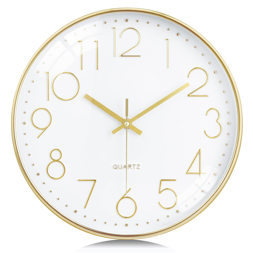 Lafocuse 12 Inch Wall Clock Silent Non Ticking With 3D Numerals, Modern Decorative Clocks For Living Room Kitchen Bedrooms Office Home Gold 5051224530052