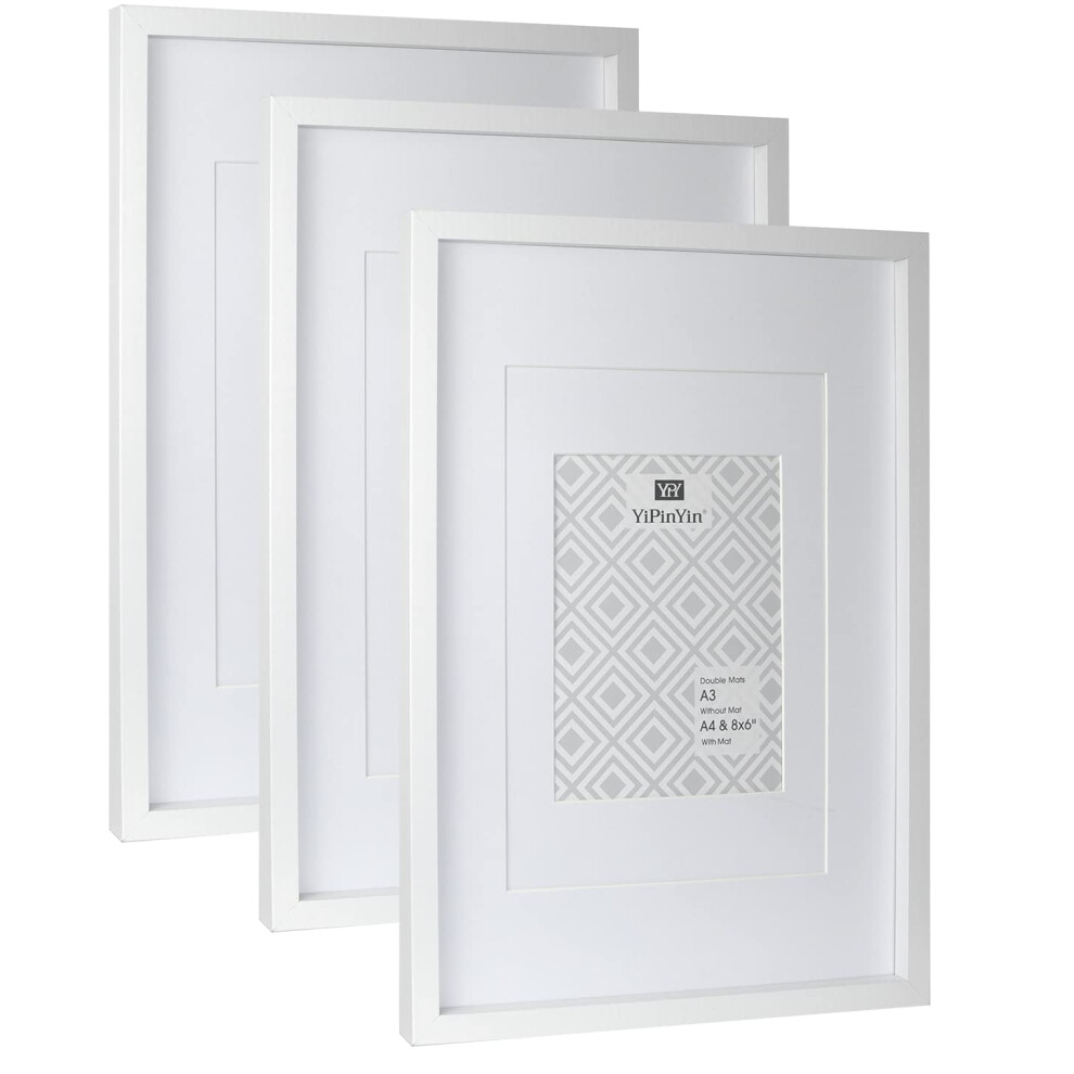 A3 Picture Frame 3-Pack - Modern Wooden Frames With Double Mounts For A4 & 6X8 Photos,Shatterproof Acrylic Front,Wall Mount Or Tabletop Display White 5051222777978