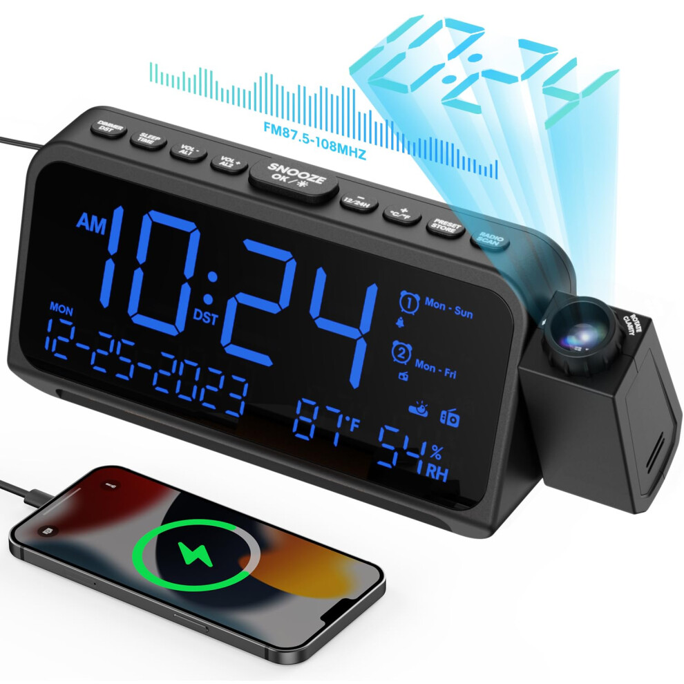Rocam Radio Alarm Clocks Bedside With Projection For Bedroom, Digital Clock With 180? Projector On Ceiling Wall, Dimmer, Temp, Humidity, Usb & Type C 5051222776858