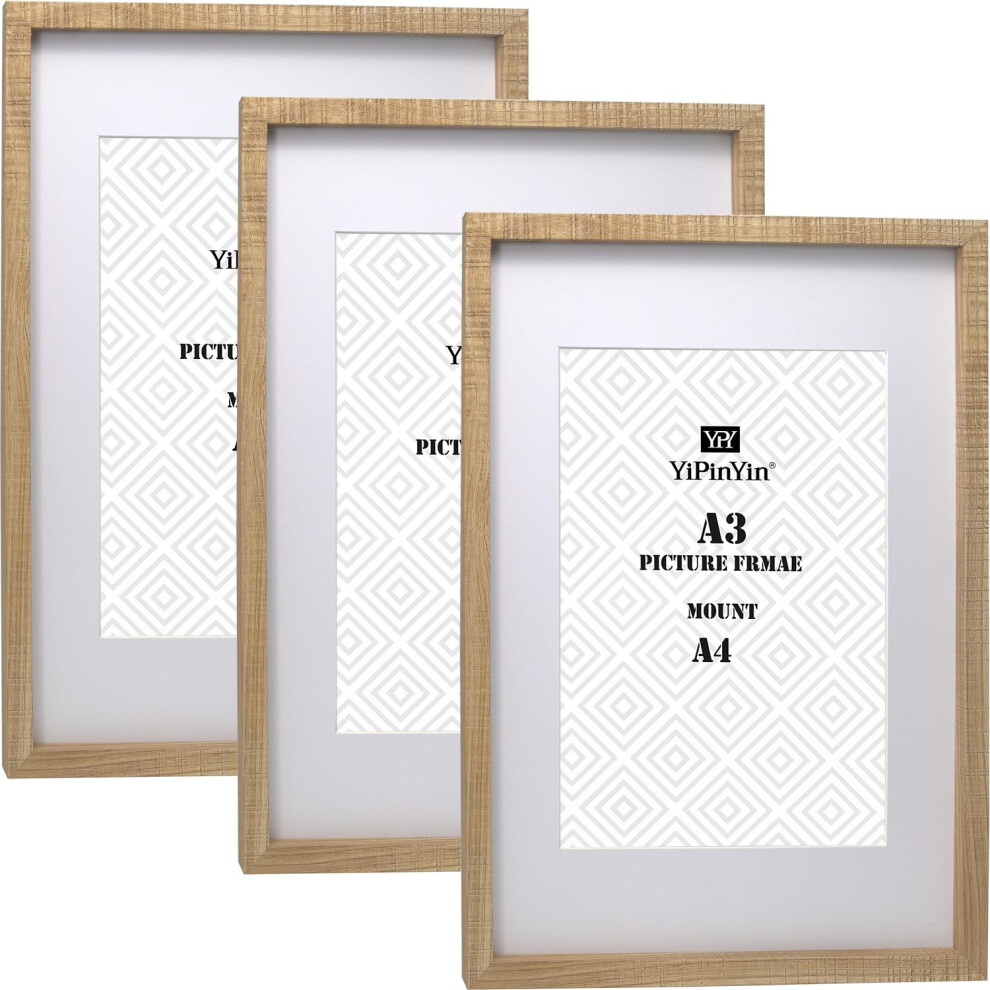 Natural Wood Effect A3 Boxed Picture Frames Set Of 3 With Acid Free Mount For A4, A4 Boxed Photo Frames For 3Pack, A3 Wooden Poster Frame With Mount 5051224527106