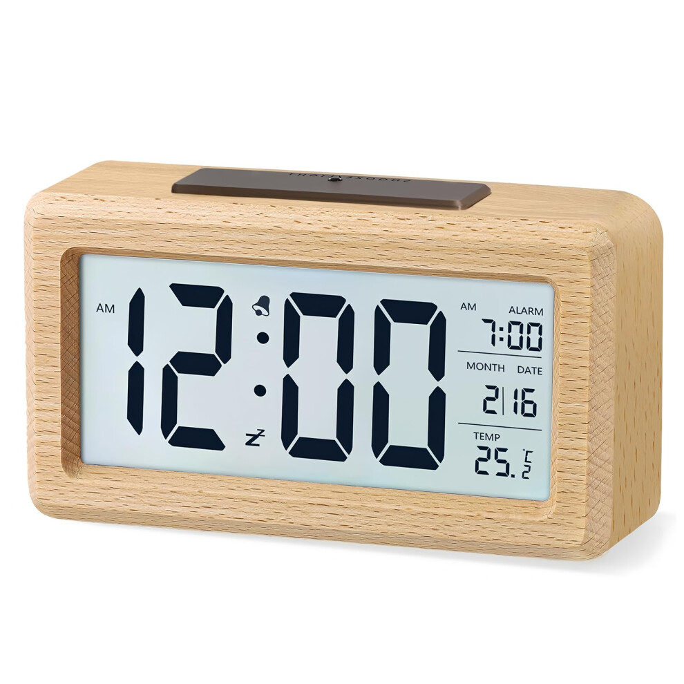 Aboveclock Digital Alarm Clock, Wooden Bedside Clock With Large Lcd Backlit Display, Temperature, Snooze Function, Brightness Sensor, 3 Aaa Battery