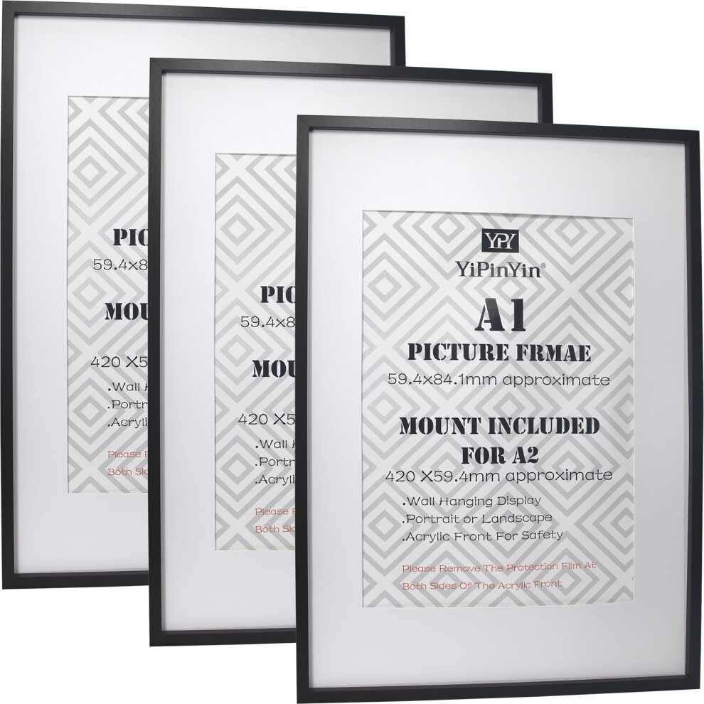 A1 Picture Frame Set Of 3 With Mounts For A2(41X58.4cm),A2 Poster Frames For Photographs, Lightweight Mdf, Horizontal/Vertical Wall Mounting Black 5051224545513