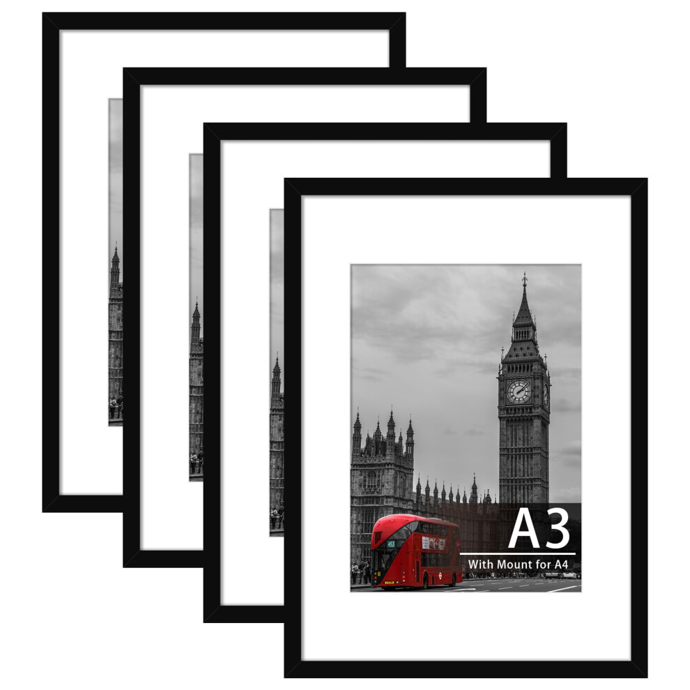 Tinkeps 4 Pack A3 Picture Frame, Engineered Wood And Plexiglass, A3 Frame With Mount For A4 Prints, Photos, And Posters, Wall Mountable Black 5051224571147