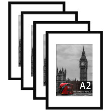 Tinkeps 4 Pack A2 Black Picture Frame, Engineered Wood and Plexiglass, A2 Frame with Mount for A3 Prints, Photos, and Posters, Wall Mountable